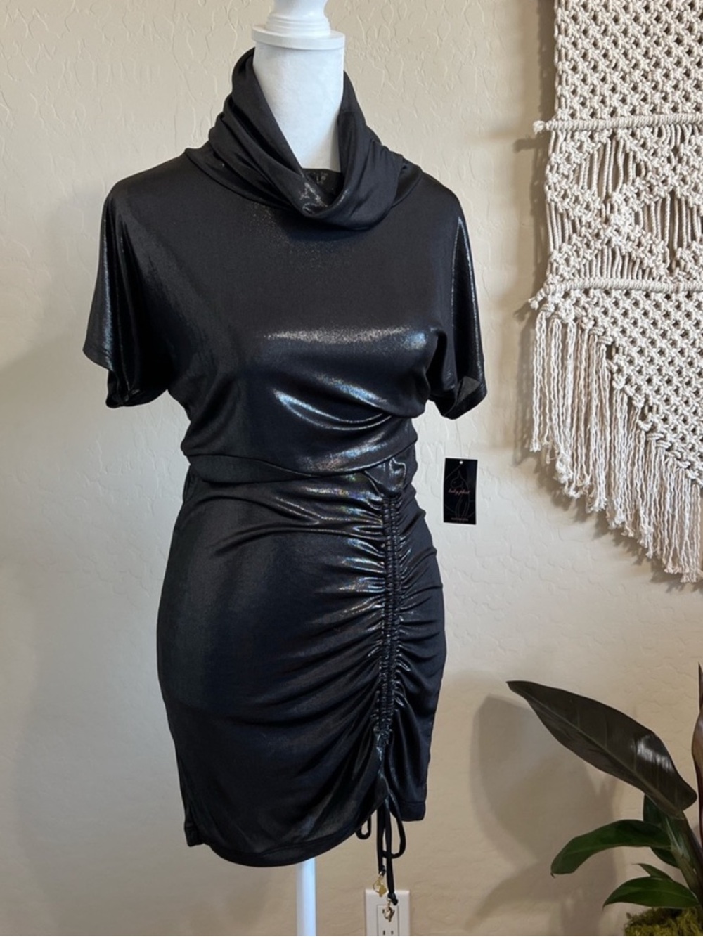 Baby Phat Shiny Black Bodycon Cowl Neck Ruched Mini Dress Bejeweled Bebe